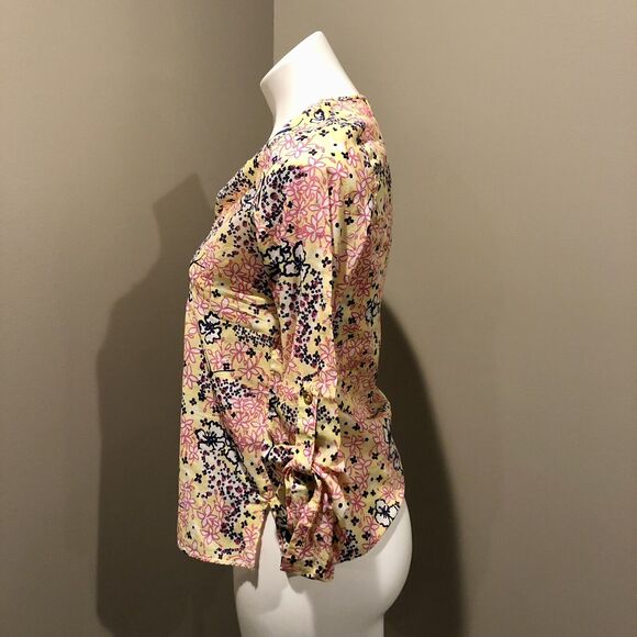 Lilly Pulitzer Blouse Tunic XS Multicolor Floral V Neck Empire Waist Roll Tab - Picture 2 of 10